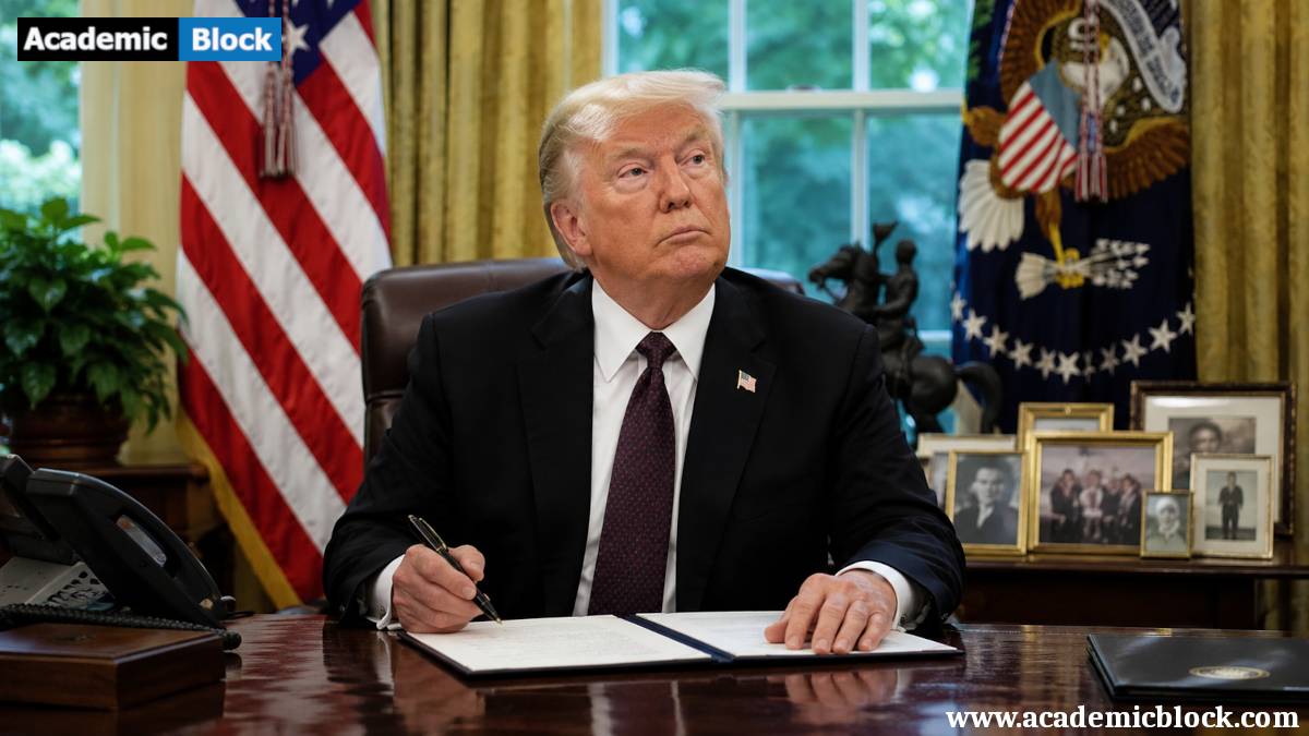 Donald Trump signing a document at a presidential desk in a formal office setting.