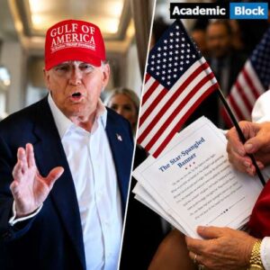A split-image showing former U.S. President Donald Trump on the left and a person holding an American flag with copies of “The Star-Spangled Banner” on the right, illustrating the Trump administration’s efforts to denaturalize certain citizens.
