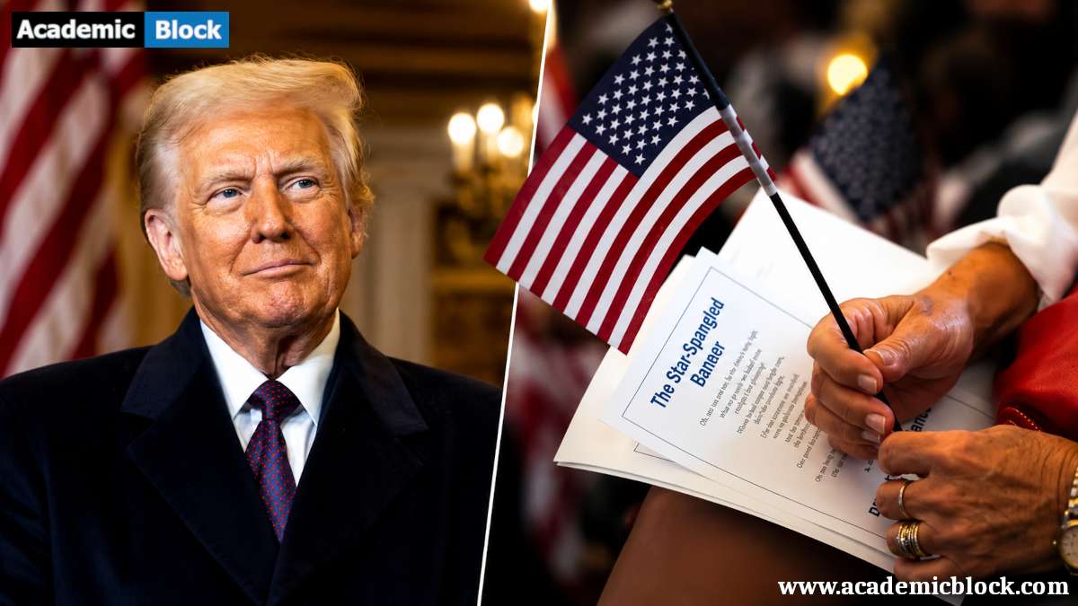 A split-image showing former U.S. President Donald Trump on the left and a person holding an American flag with copies of “The Star-Spangled Banner” on the right, illustrating the Trump administration’s efforts to denaturalize certain citizens.
