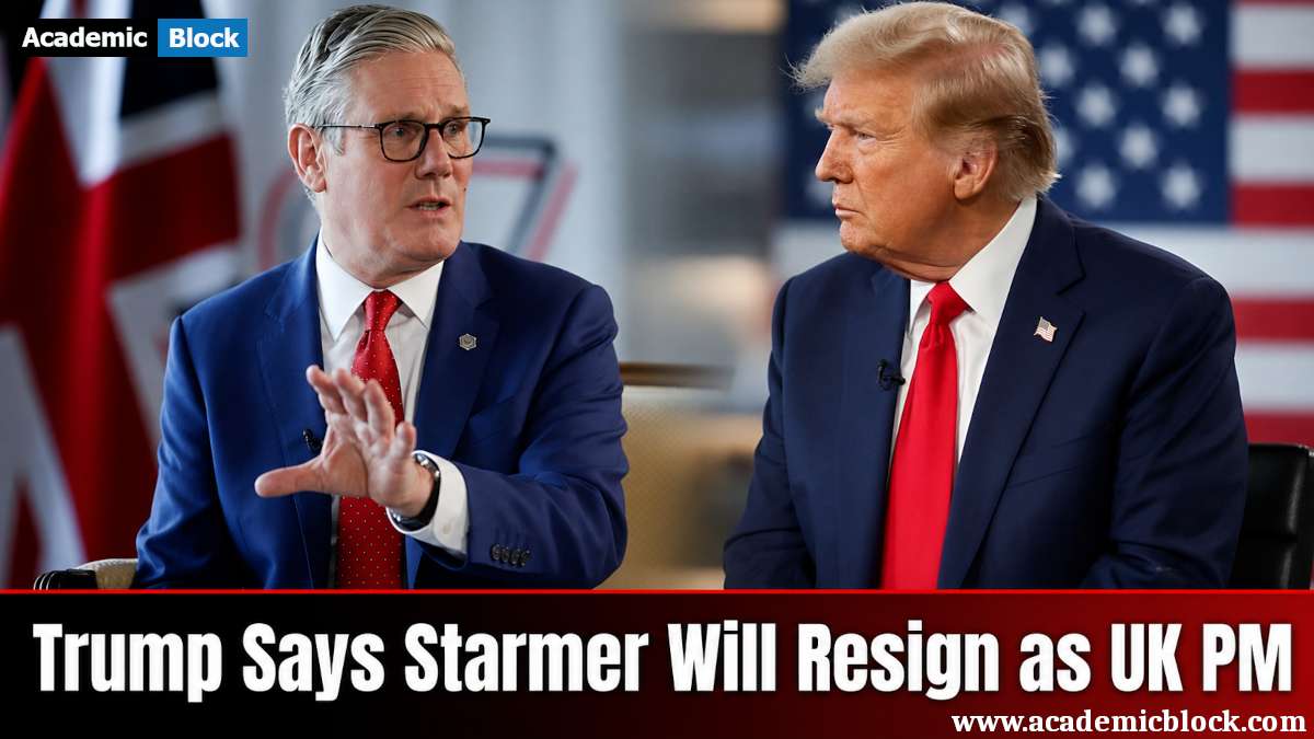 Image showing Keir Starmer talking to Donald Trump with headline overlay Trump Says Starmer Will Resign as UK PM.
