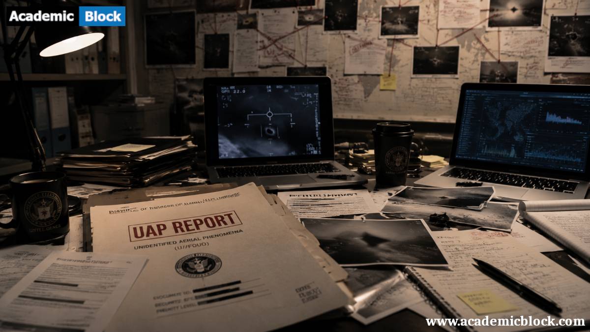 Investigative desk with UAP reports, blurred classified documents, and analysis screens in a dim forensic-style office.