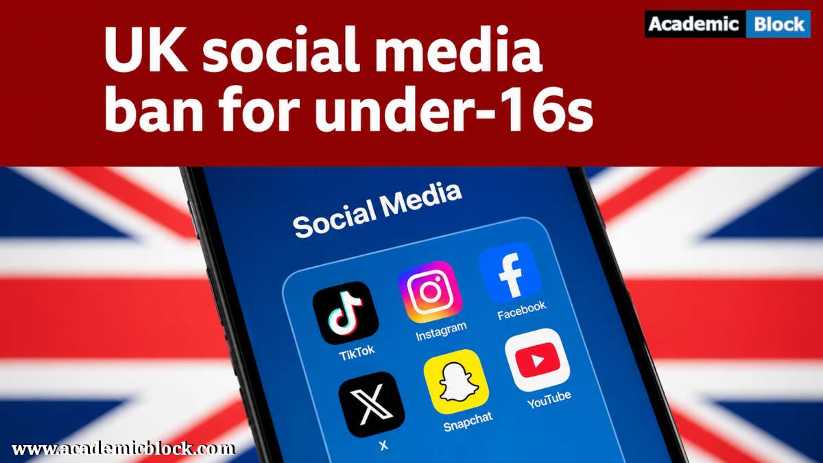 Smartphone displaying social media apps against a UK flag background, highlighting Britain’s under-16 social media ban.