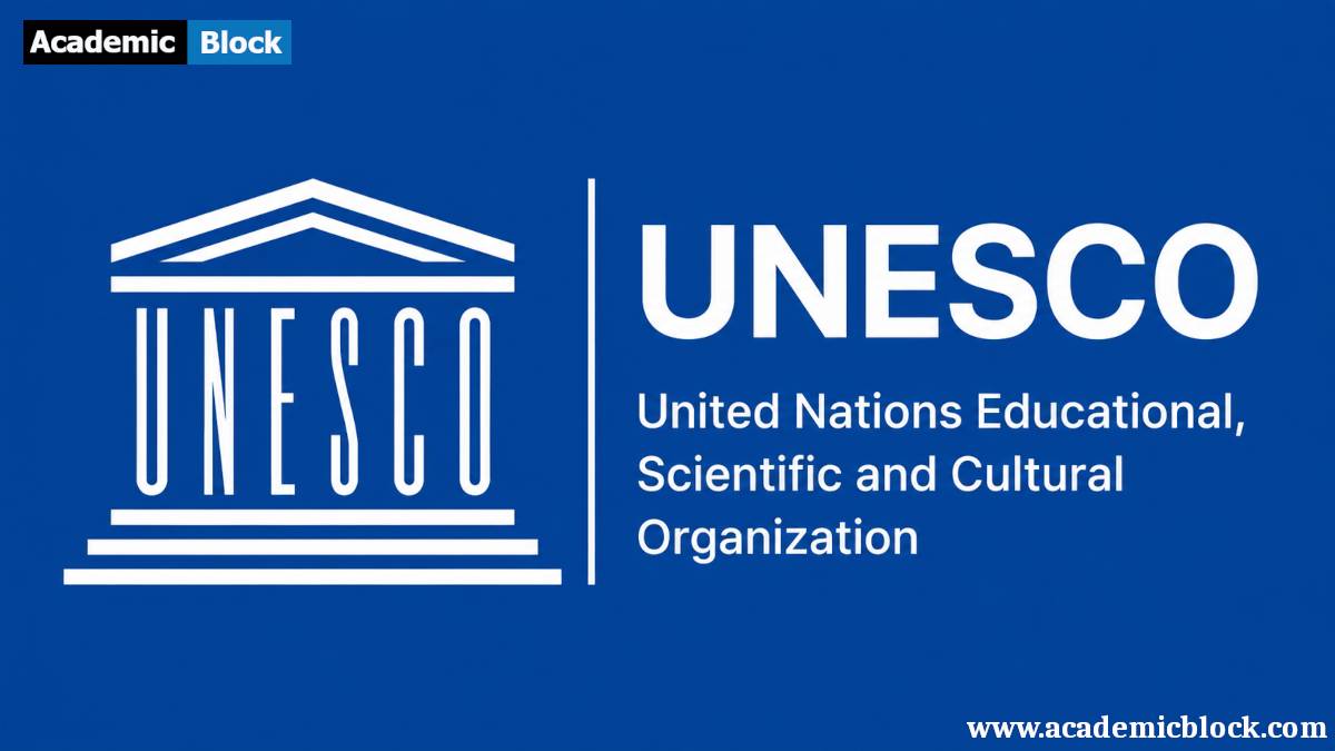 Image shows a UNESCO logo with the organization’s emblem on the left and the full name “United Nations Educational, Scientific and Cultural Organization” on the right.