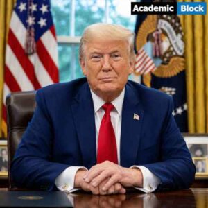 US-Iran Truce Announced. Donald Trump sits at a desk in a blue suit and red tie, looking confidently toward the camera in a formal office setting.