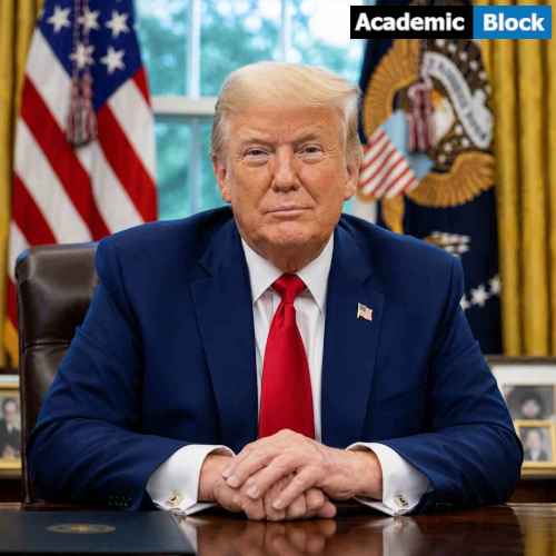 US-Iran Truce Announced. Donald Trump sits at a desk in a blue suit and red tie, looking confidently toward the camera in a formal office setting.