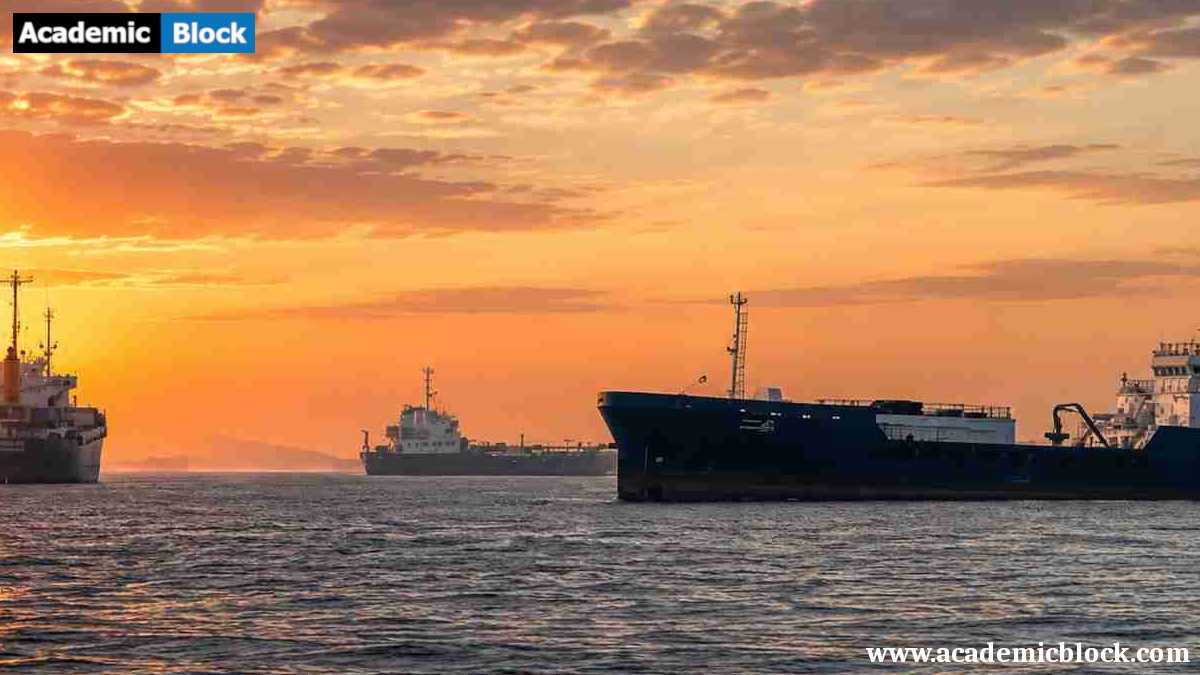 Cargo ships navigate the Strait of Hormuz at sunset, highlighting a vital global oil and maritime trade route.