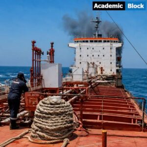 US strike on Indian Ship MT Settebello oil tanker at sea, black smoke rising from its superstructure, depicting the damaged vessel linked to the incident in which India has called for an end to ship strikes after three sailors were killed.