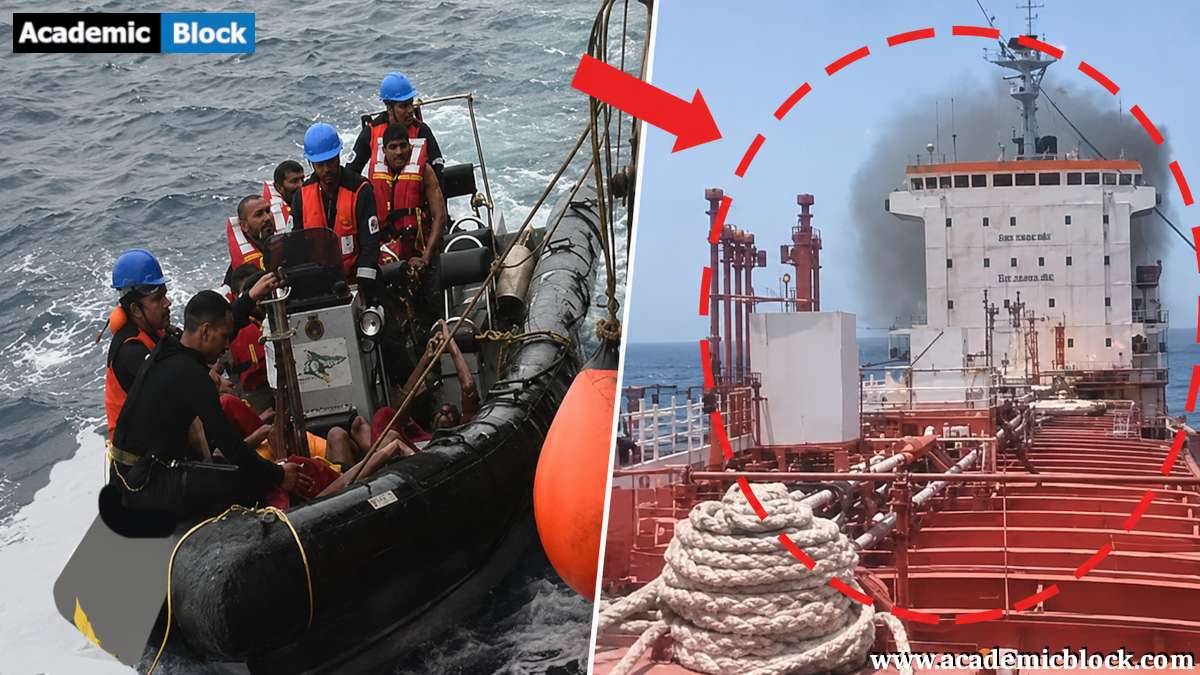 US strike on Indian Ship MT Settebello oil tanker at sea, black smoke rising from its superstructure, depicting the damaged vessel linked to the incident in which India has called for an end to ship strikes after three sailors were killed.
