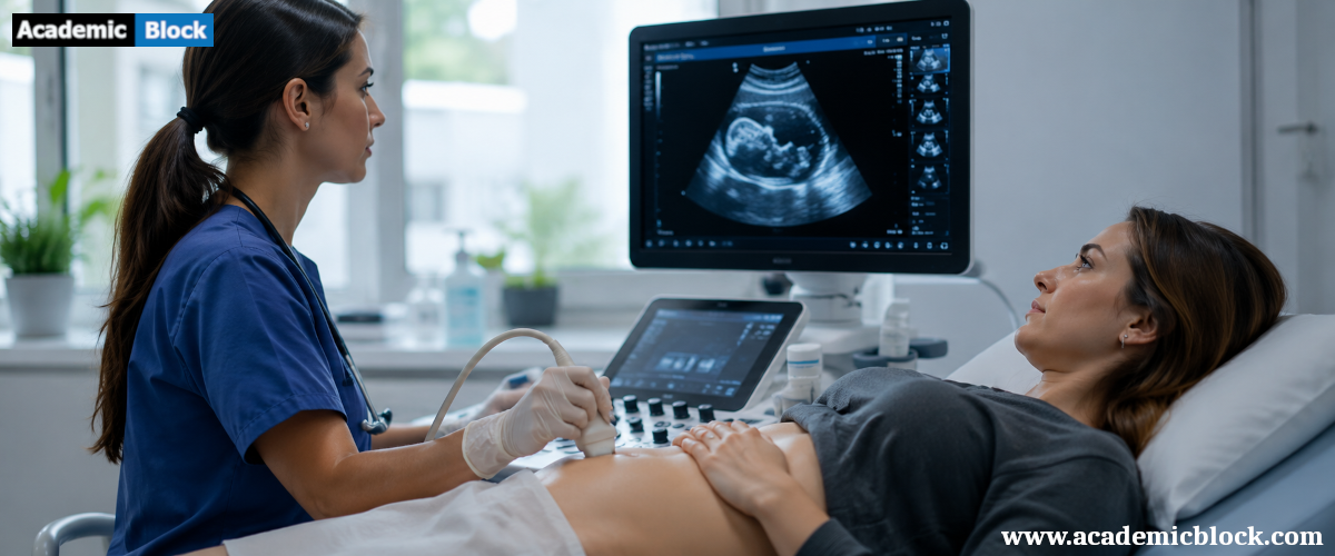A sonographer performs an ultrasound scan while detailed anatomy appears on a high-resolution monitor in a modern clinical setting.