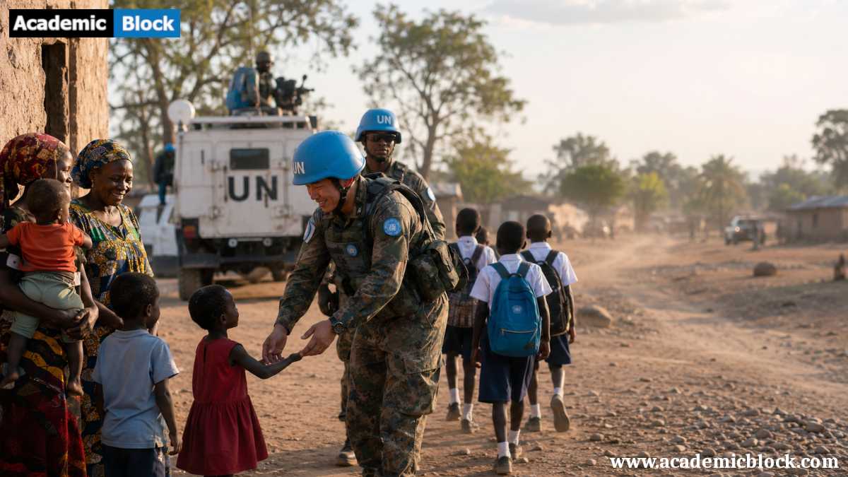 UN peacekeepers patrol a rural community, interacting with local families as children walk safely to school.
