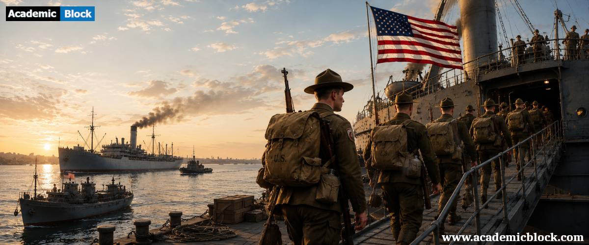American soldiers in 1917 uniforms boarding a transport ship at sunrise, with calm waters and the American flag waving, signaling the U.S. entry into World War