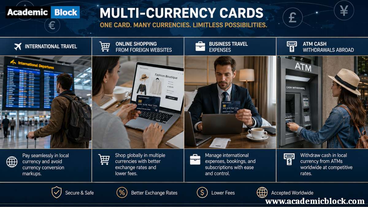 Collage highlights key uses of multi-currency cards, including international travel, online shopping, business expenses, and overseas ATM withdrawals.