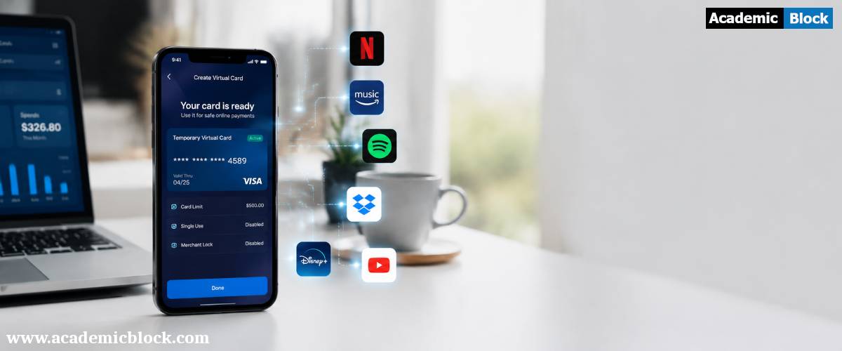 Smartphone showing a temporary virtual card with connected subscription apps.