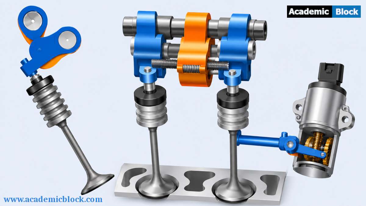 Illustration of a Variable Valve Lift (VVL) engine valvetrain, highlighting the camshaft, rocker mechanism, valves, and actuator assembly on a light-colored background.