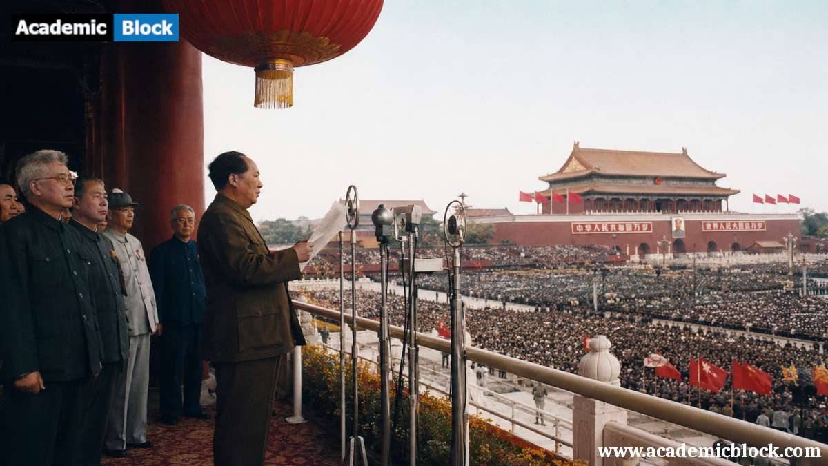 Mao Zedong proclaims the founding of the People's Republic of China before a vast crowd in Beijing, 1949.