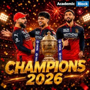 A vibrant championship poster featuring Virat Kohli, Rajat Patidar and Jitesh Sharma celebrating IPL 2026 Win, a prestigious gold IPL-style trophy at the center, and a stadium illuminated with fireworks and confetti.