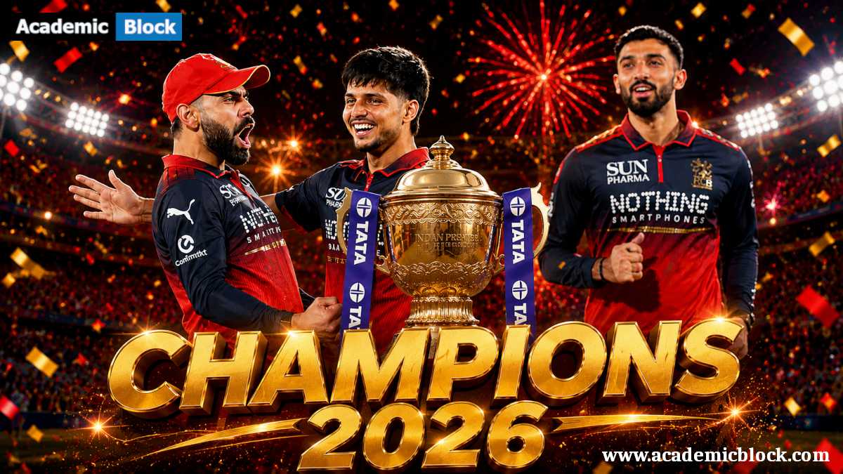 A vibrant championship poster featuring Virat Kohli, Rajat Patidar and Jitesh Sharma celebrating IPL 2026 Win, a prestigious gold IPL-style trophy at the center, and a stadium illuminated with fireworks and confetti.