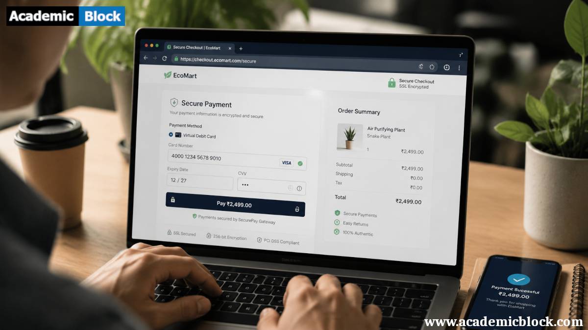 A close-up of hands using a laptop to complete a secure e-commerce checkout, showing a payment form on screen with a smartphone nearby in a modern workspace.