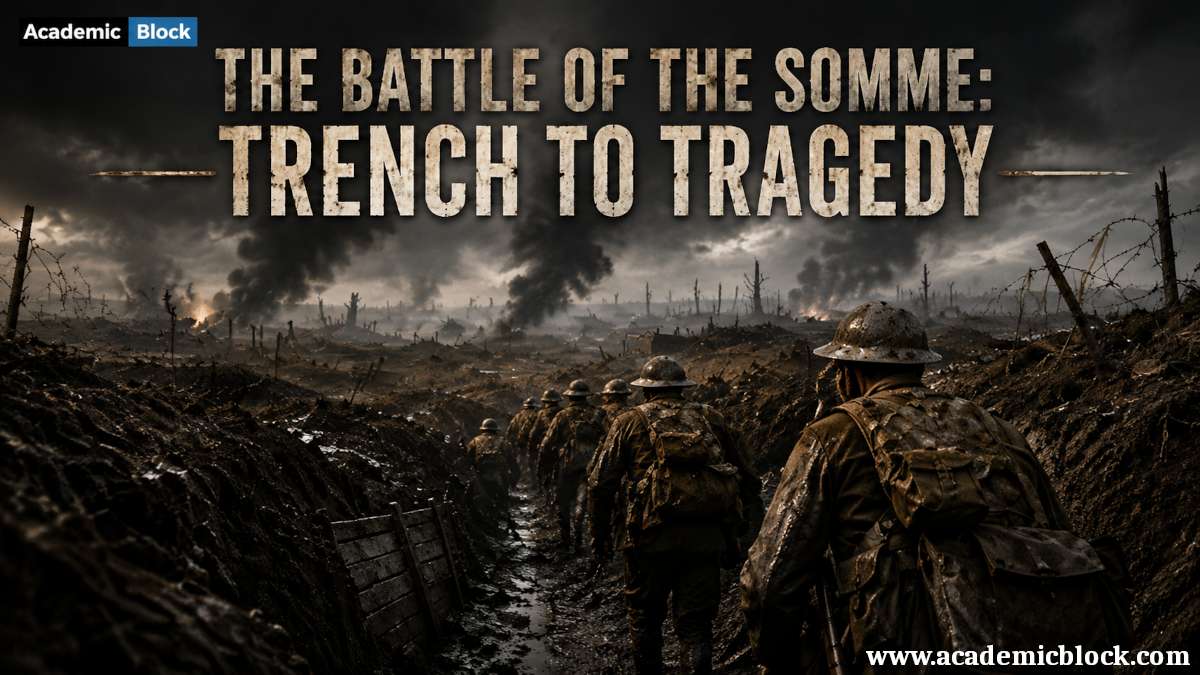 A haunting World War I trench battlefield, where soldiers advance through mud and smoke beneath a darkened sky, symbolizing the devastating human cost of the Battle of the Somme.