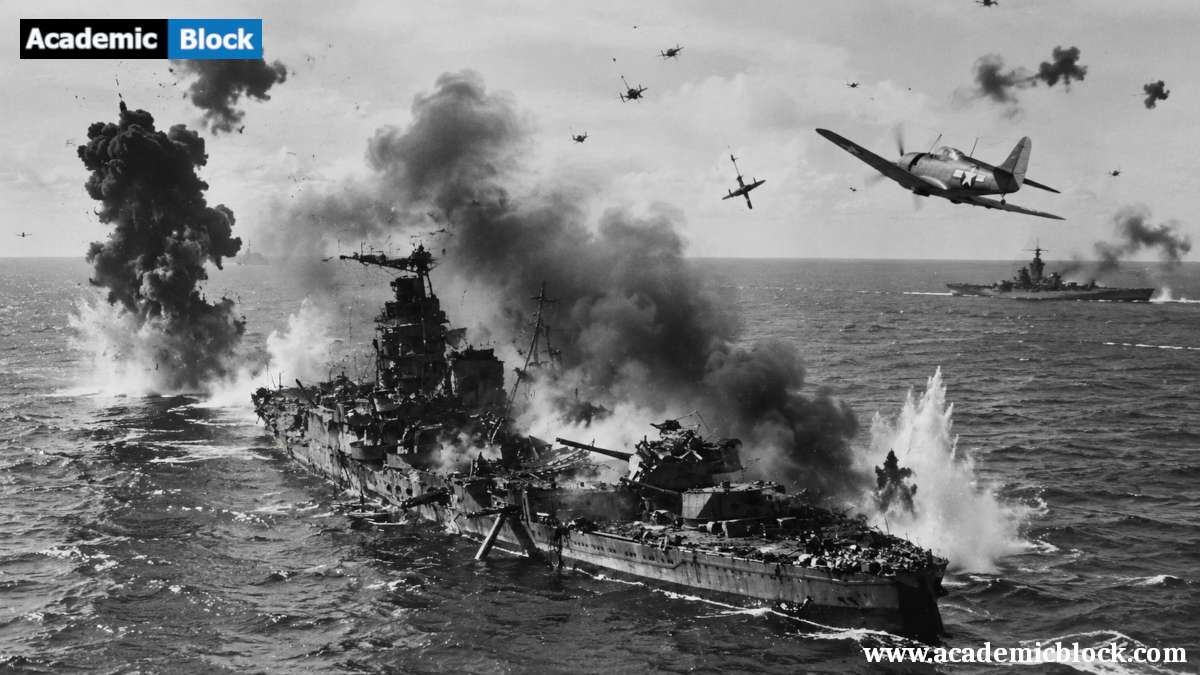 A dramatic black-and-white naval battle scene depicting the WW2 Battle of Midway, featuring a heavily damaged warship engulfed in smoke as aircraft engage in combat overhead.