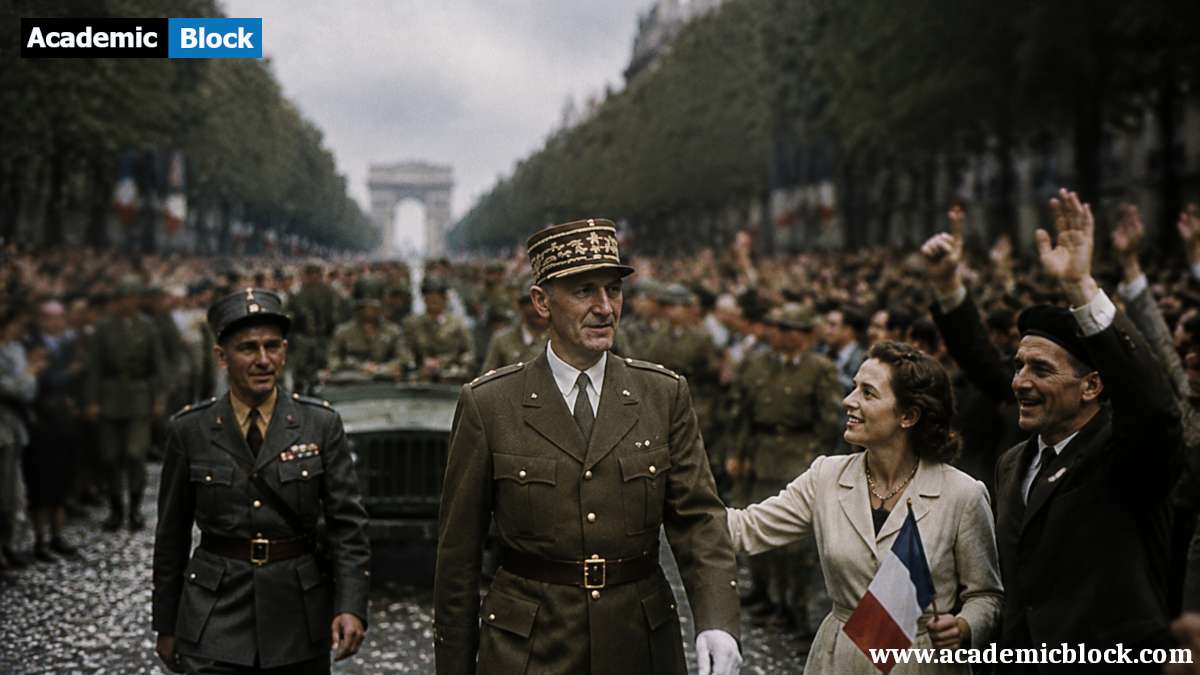 General Charles de Gaulle leads a triumphant march through the Champs-Élysées in Paris, symbolizing the liberation of France during World War II. The Arc de Triomphe stands in the background, a beacon of freedom restored.