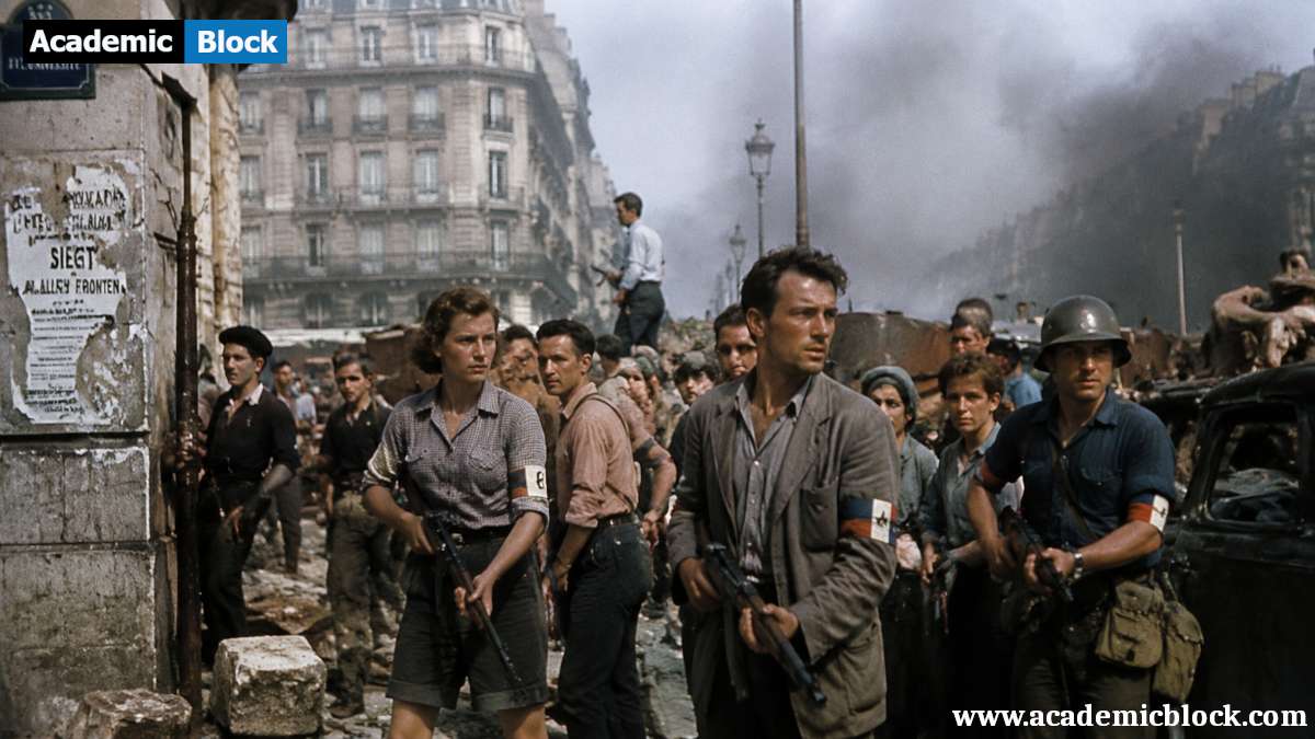 French Resistance fighters in Paris, 1944, armed amid rubble and barricades as smoke rises during the liberation of the city.