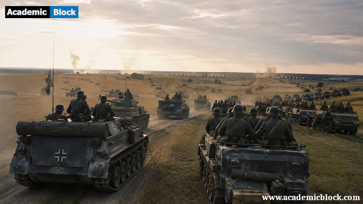 German Panzer divisions and mechanized infantry advance across the Soviet frontier at dawn during Operation Barbarossa, June 1941.