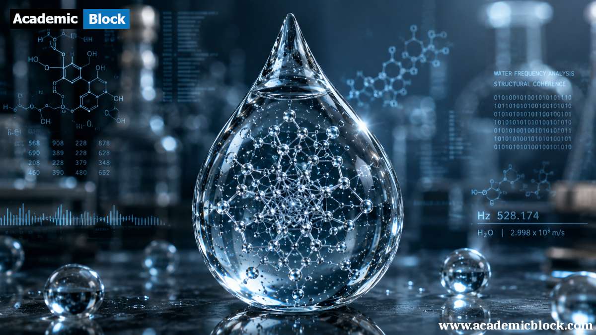 Scientific concept showing a transparent water droplet with organized molecular structures and digital data visualizations in a modern laboratory setting.