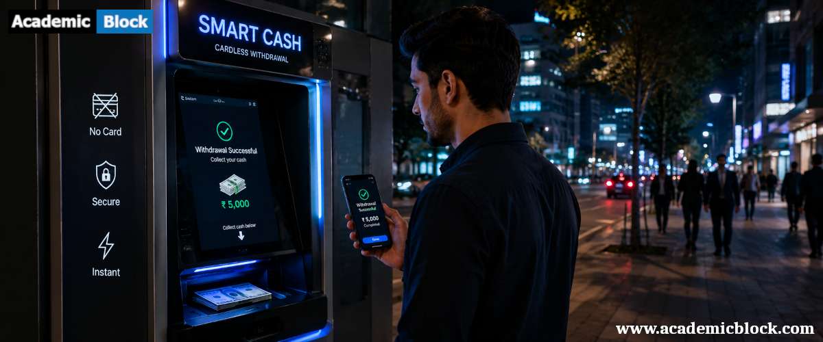 Image showing a smartphone connected to a cardless ATM with a secure mobile cash withdrawal flow, featuring QR code, NFC, and fingerprint verification icons.