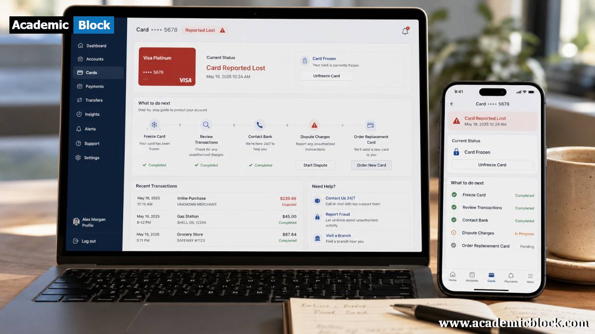 A laptop and smartphone display a banking dashboard with step-by-step actions for a lost or stolen card, including freezing the card, reviewing transactions, disputing charges, and ordering a replacement.
