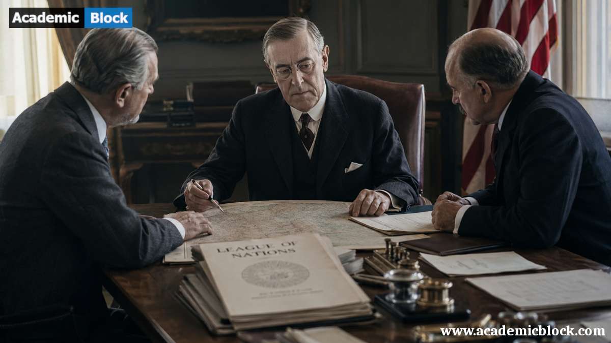 Woodrow Wilson and two diplomats study a map and peace documents in a dim early 20th-century government office.