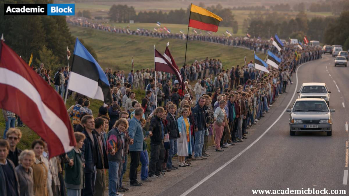 Scene of the 1989 Baltic Way. Hundreds of thousands of Estonian, Latvian, and Lithuanian citizens holding hands in a continuous human chain stretching across the countryside.