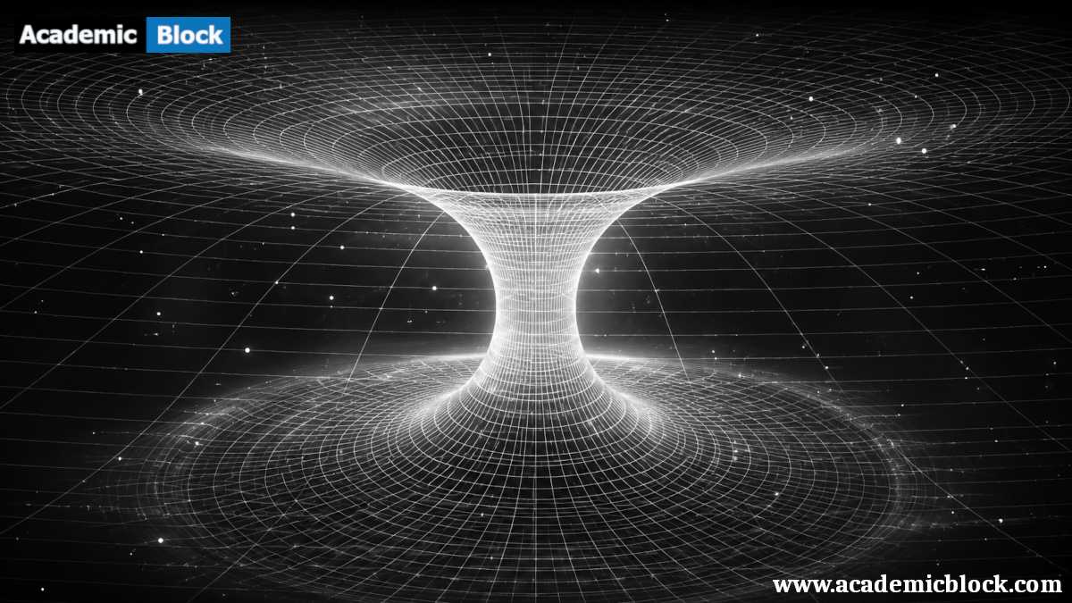 A black-and-white wormhole-like cosmic funnel with a glowing wireframe grid stretching into deep space.