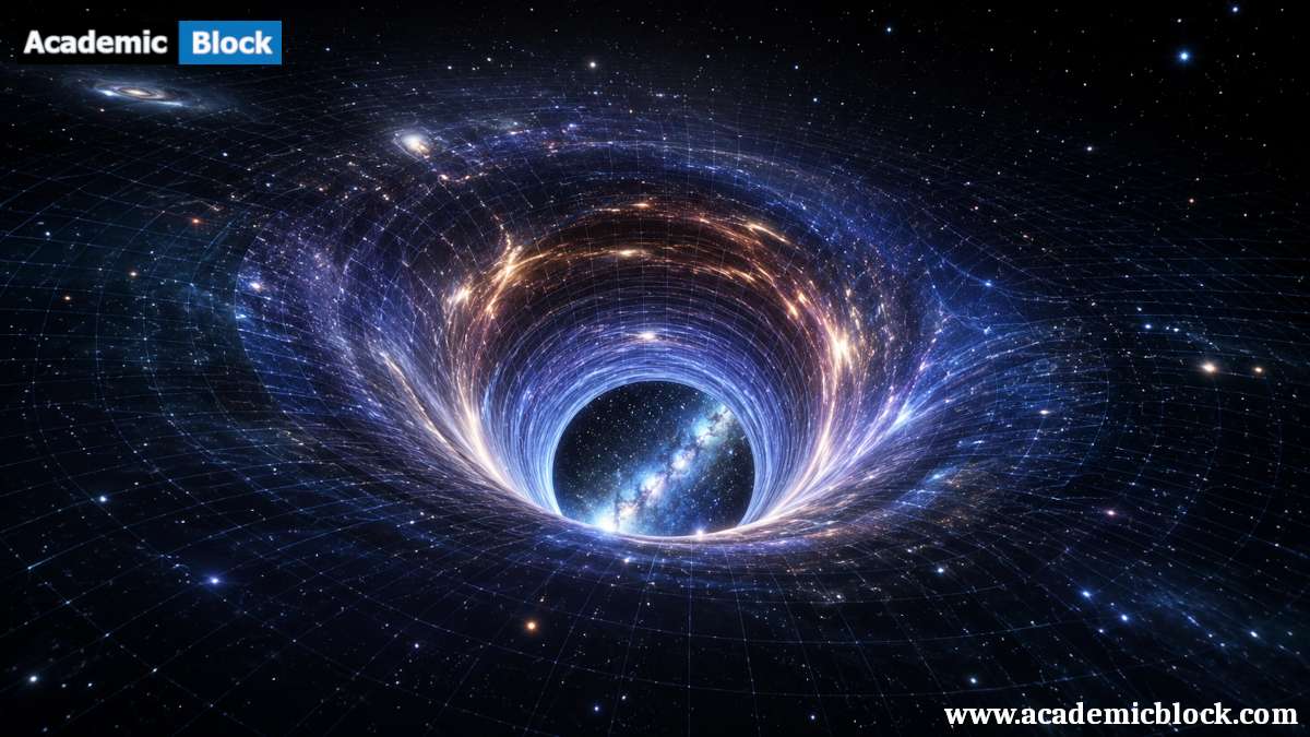 A monochrome visualization of a wormhole bending spacetime, shown as a glowing hourglass-shaped grid structure suspended in deep space.