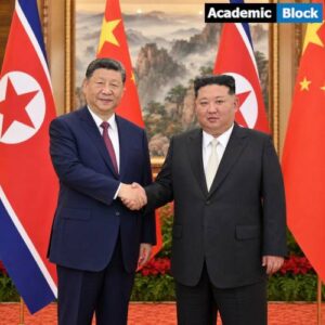 Xi Jinping and Kim Jong Un shake hands during a diplomatic meeting, standing between the flags of China and North Korea in an official reception hall.