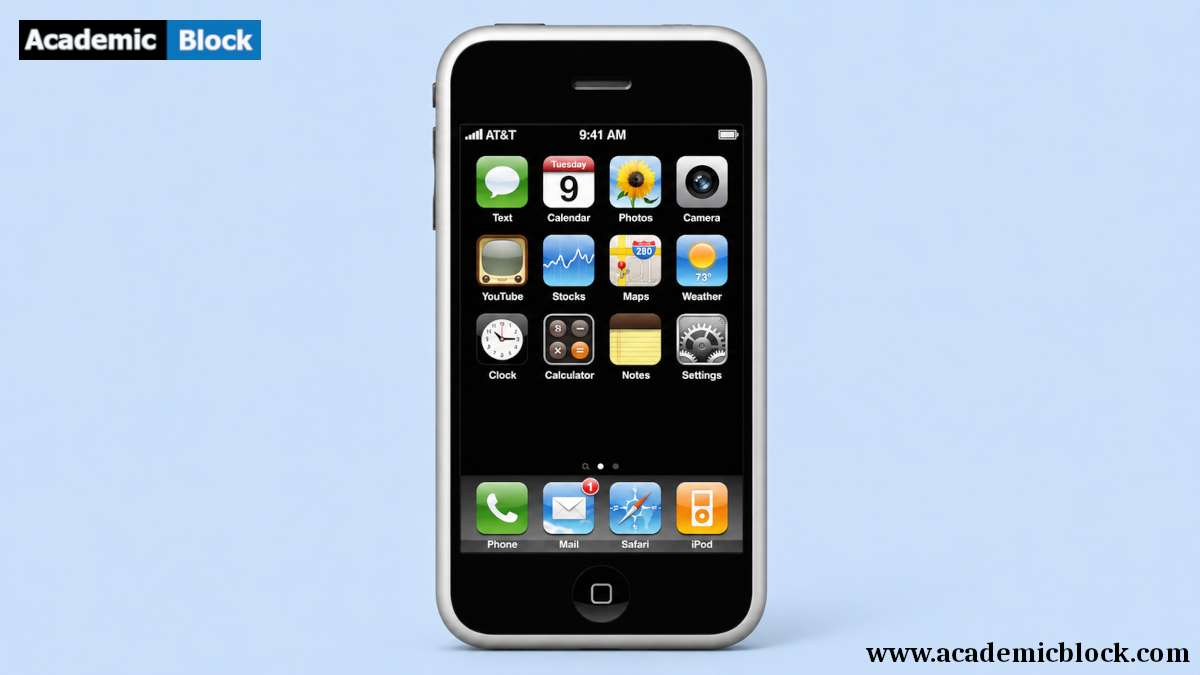 Image of of the first-generation iPhone displayed against a soft light-blue background.