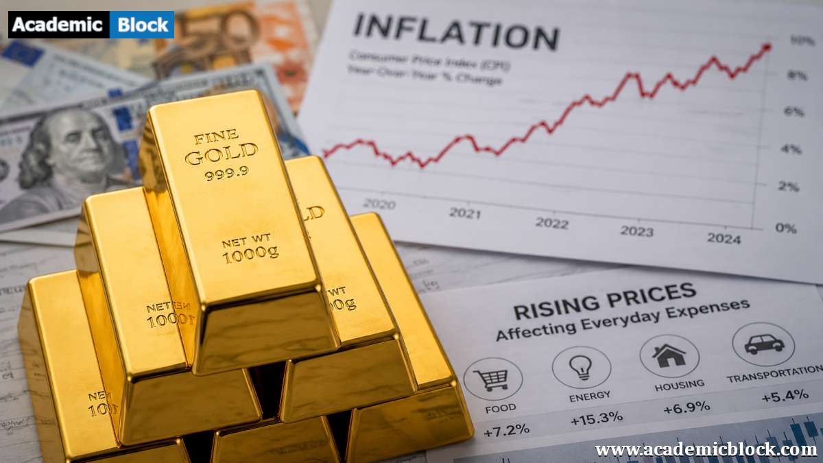 Stacked gold bars in focus with blurred inflation charts and currency notes, illustrating gold's role as a hedge against inflation and economic uncertainty.