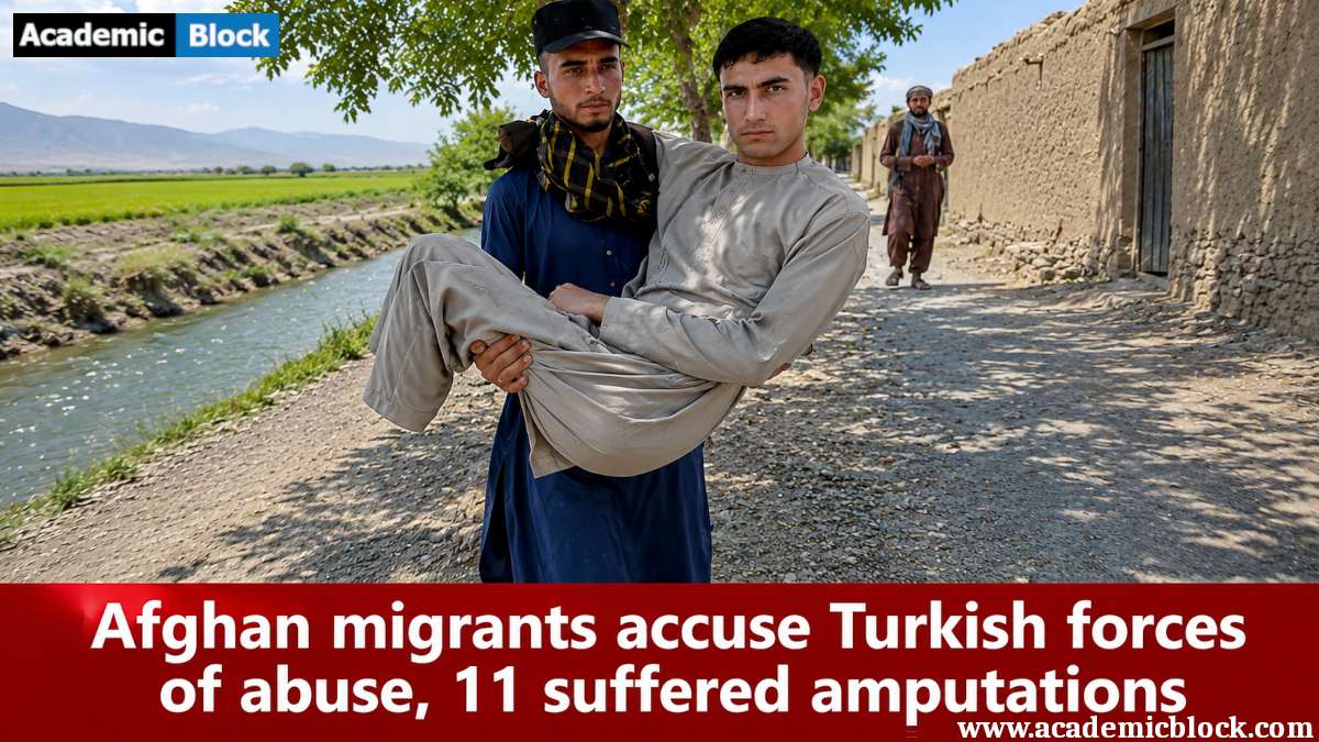 An Afghan man carries an injured migrant along a rural road, illustrating allegations of abuse and frostbite near the Turkey-Iran border.