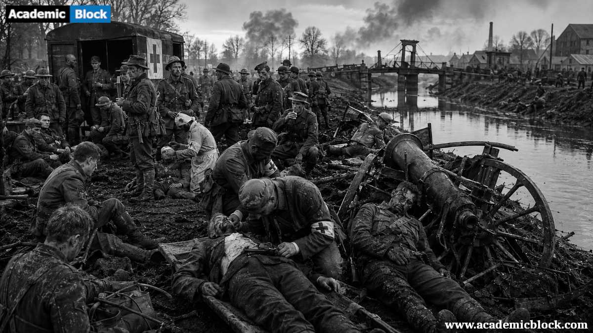 Image shows British soldiers regroup near the Mons–Condé Canal as medics treat the wounded in the aftermath of the Battle of Mons (1914).