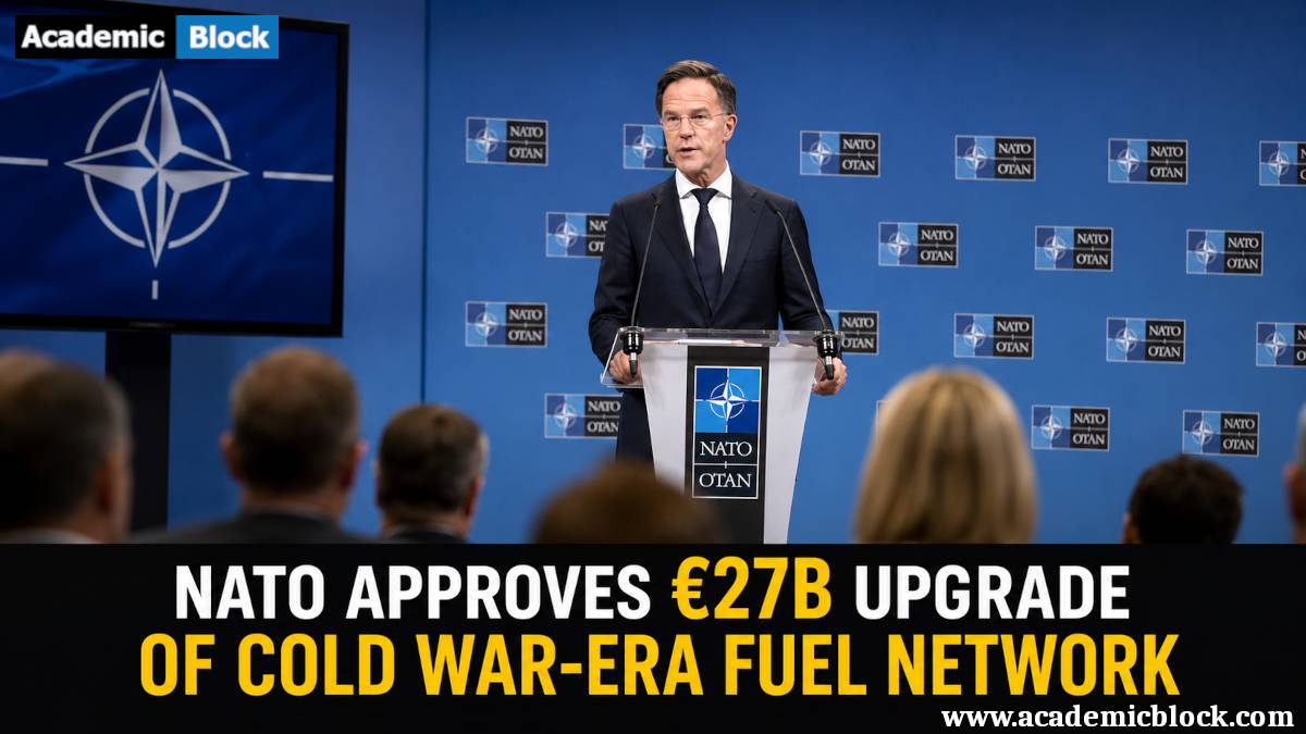 Alliance Secretary General Mark Rutte addresses reporters during a NATO press conference, highlighting the alliance's €27 billion upgrade of its Cold War-era fuel network.
