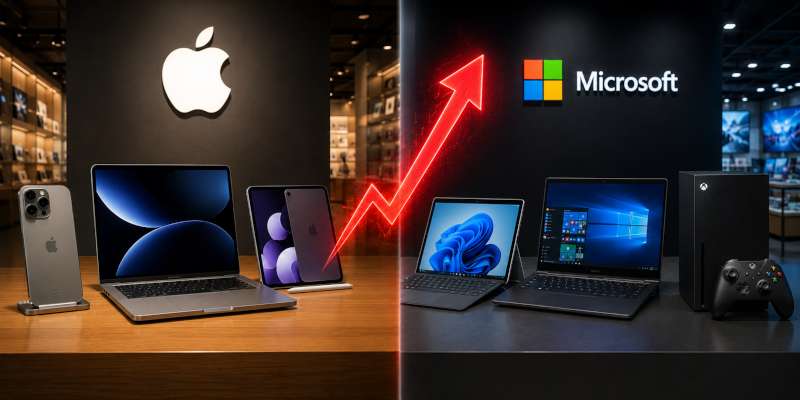 A split-screen showroom featuring Apple and Microsoft devices with a rising red arrow, symbolizing increasing technology prices across major brands.