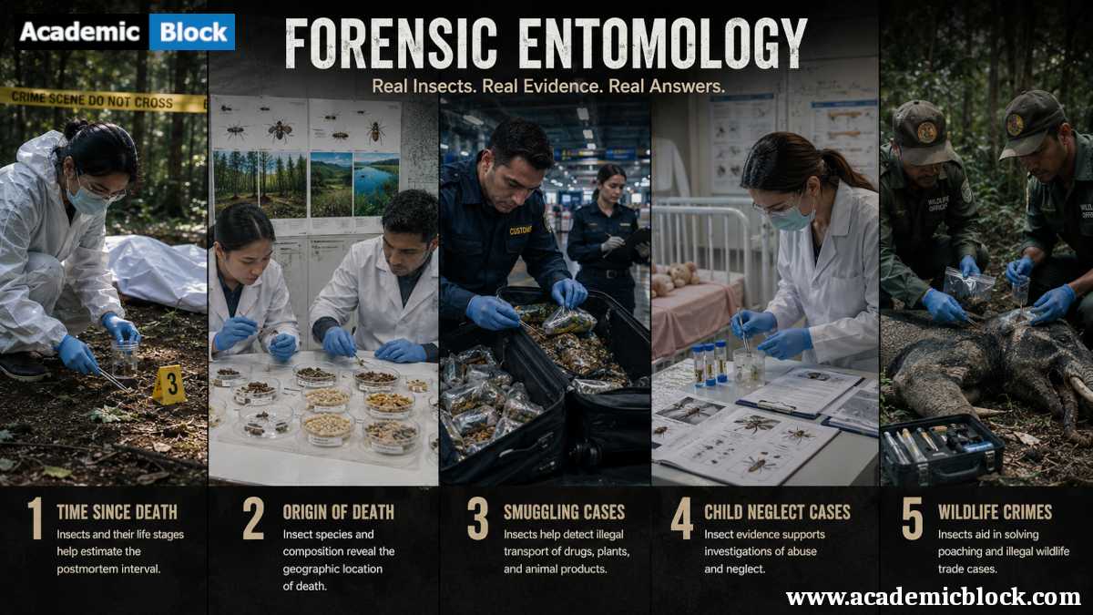 Infographic illustrating the key applications of forensic entomology in crime scene investigation, smuggling detection, child neglect, and wildlife forensics.