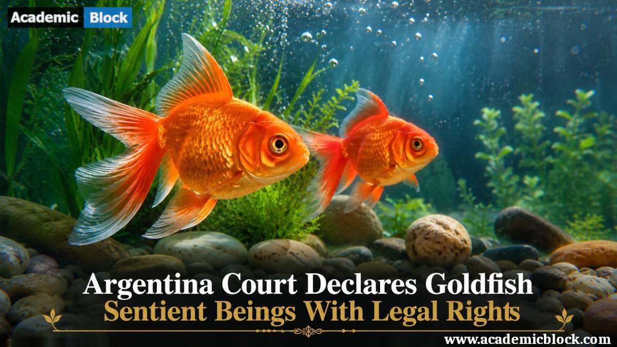 Image showing two goldfish in a large aquarium with the headline highlighting Argentina's landmark court ruling granting them legal rights.