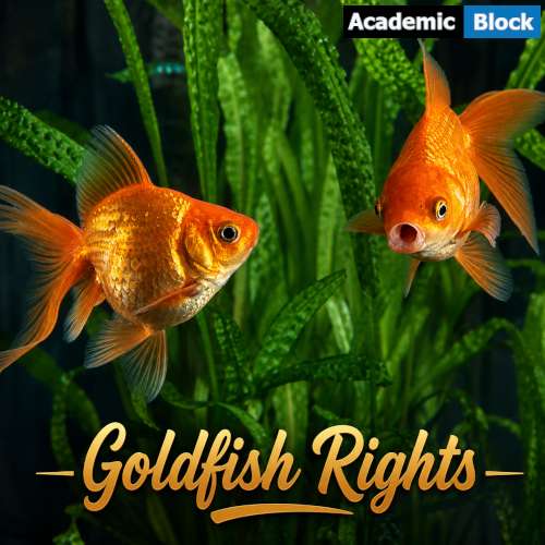 Image showing two goldfish swimming in an aquarium with the text, Goldfish Rights, representing Argentina's landmark animal rights ruling.