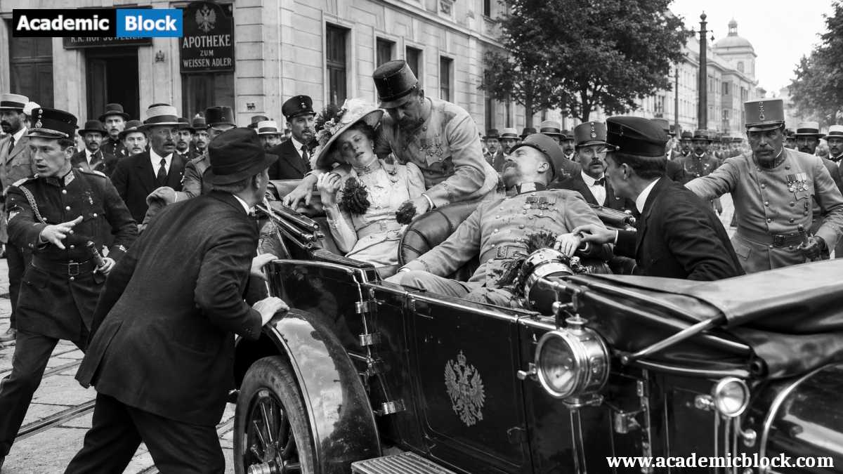 Black-and-white reconstruction of the aftermath of Archduke Franz Ferdinand's assassination in Sarajevo, 1914.