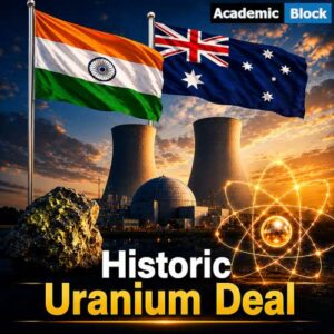 Image showing the Indian and Australian flags above a nuclear power plant with the text ,Historic Uranium Deal.