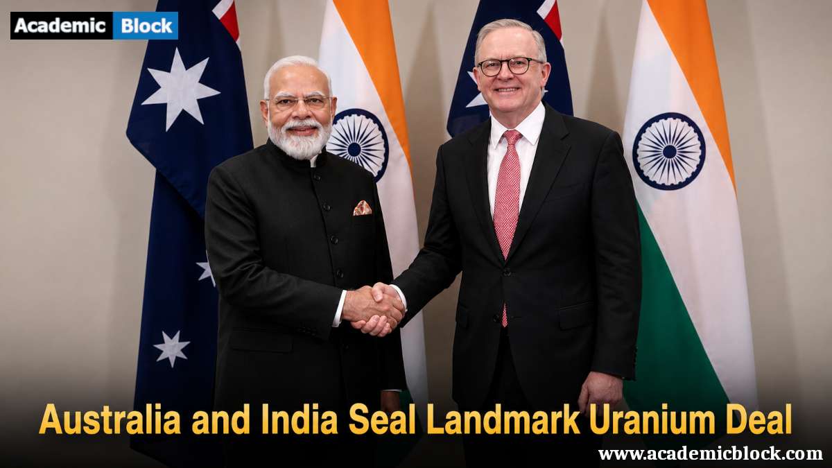 Image showing Indian PM Narendra Modi and Australian PM Anthony Albanese shake hands after the landmark uranium agreement announcement.