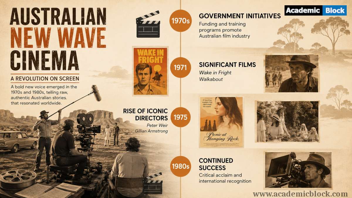 This image shows the timeline of Australian New Wave Cinema, featuring key films, directors like Peter Weir, and government initiatives from the 1970s to 1980s.