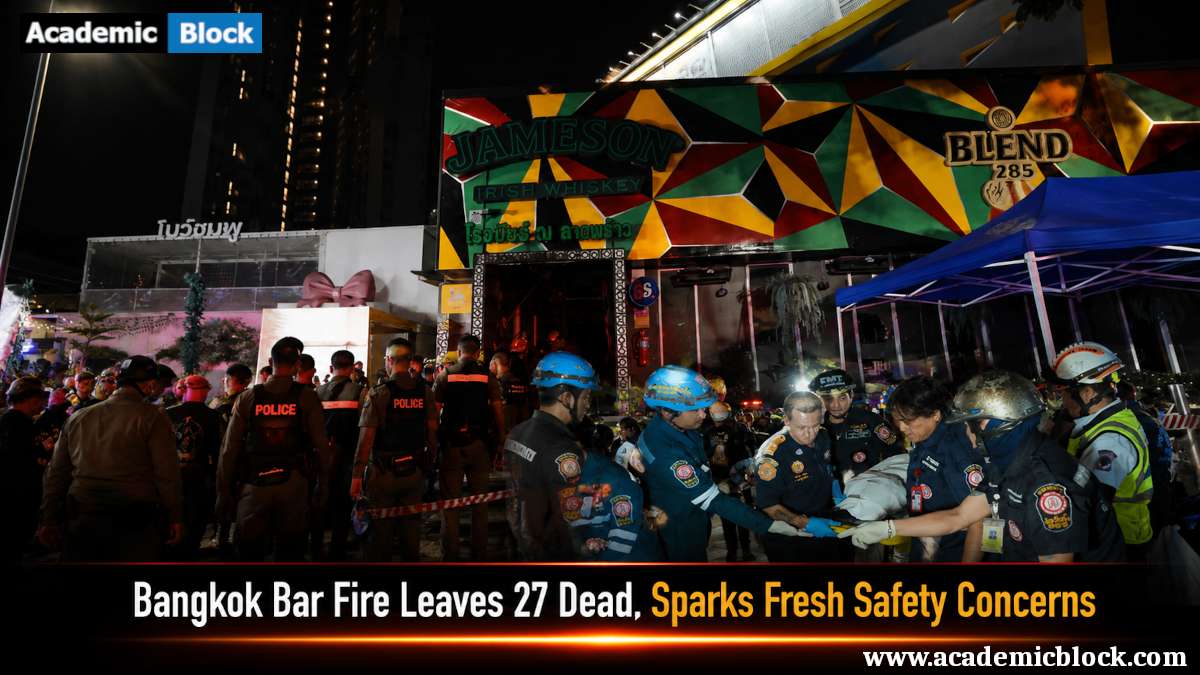 Composite image showing the Thailand flag, the burned Bangkok bar interior, and emergency responders after the deadly Bangkok bar fire.