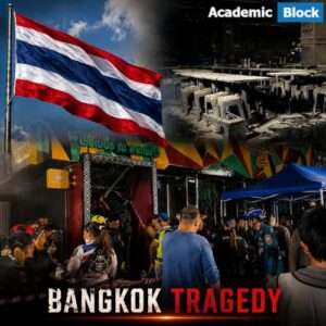 Composite image showing the Thailand flag, the burned Bangkok bar interior, and emergency responders after the deadly Bangkok bar fire.